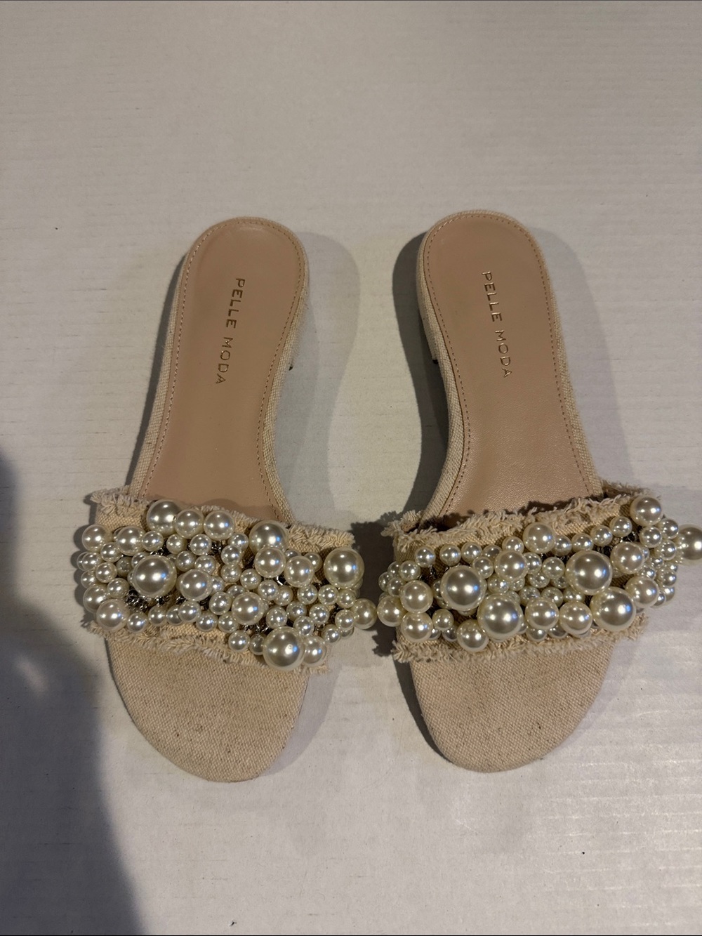 Pelle Moda Pearl-Embellished Beige Slide Mules